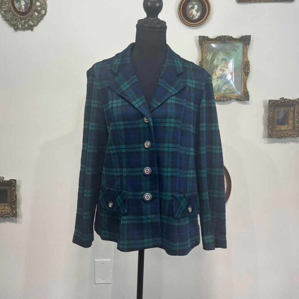 Vintage Dani Max Lois Snyder Blue Green Plaid Blazer Jacket